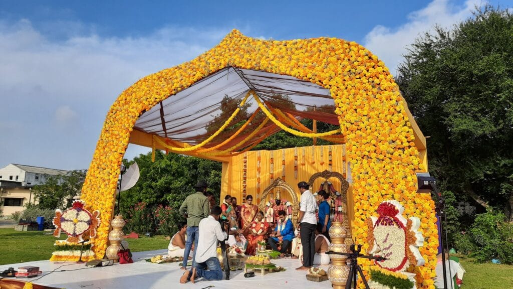 | Best Event Management Company in Chennai | Creative Event Organizers 2025 Traditional Muhurtham wedding stage decoration in Chennai by Creative Event Organizers – best wedding planners in Chennai