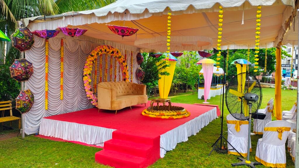 | Best Event Management Company in Chennai | Creative Event Organizers 2025 Vibrant Haldi function decoration with yellow theme and floral backdrops by Creative Event Organizers – wedding planners in Chennai